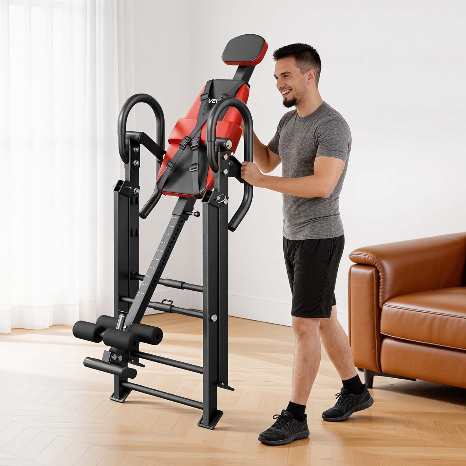 Stół inwersyjny VEVOR do 126 kg, wytrzymały stół inwersyjny z podwójnym mechanizmem blokującym rolki, przyrząd do treningu pleców odciążający kręgosłup, szyję, plecy i kolana, ławka do prostowania pleców, kolor czerwono-czarny