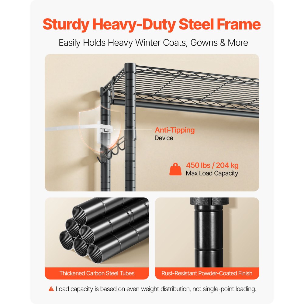 VEVOR Rolling Clothes Rack, Heavy Duty Clothing Garment Rack, 3 Adjustable Tiers Clothing Racks with Carbon Steel, 204 kg Load Capacity Closet Wardrobe for Bedroom, Clothing Store, Hallway