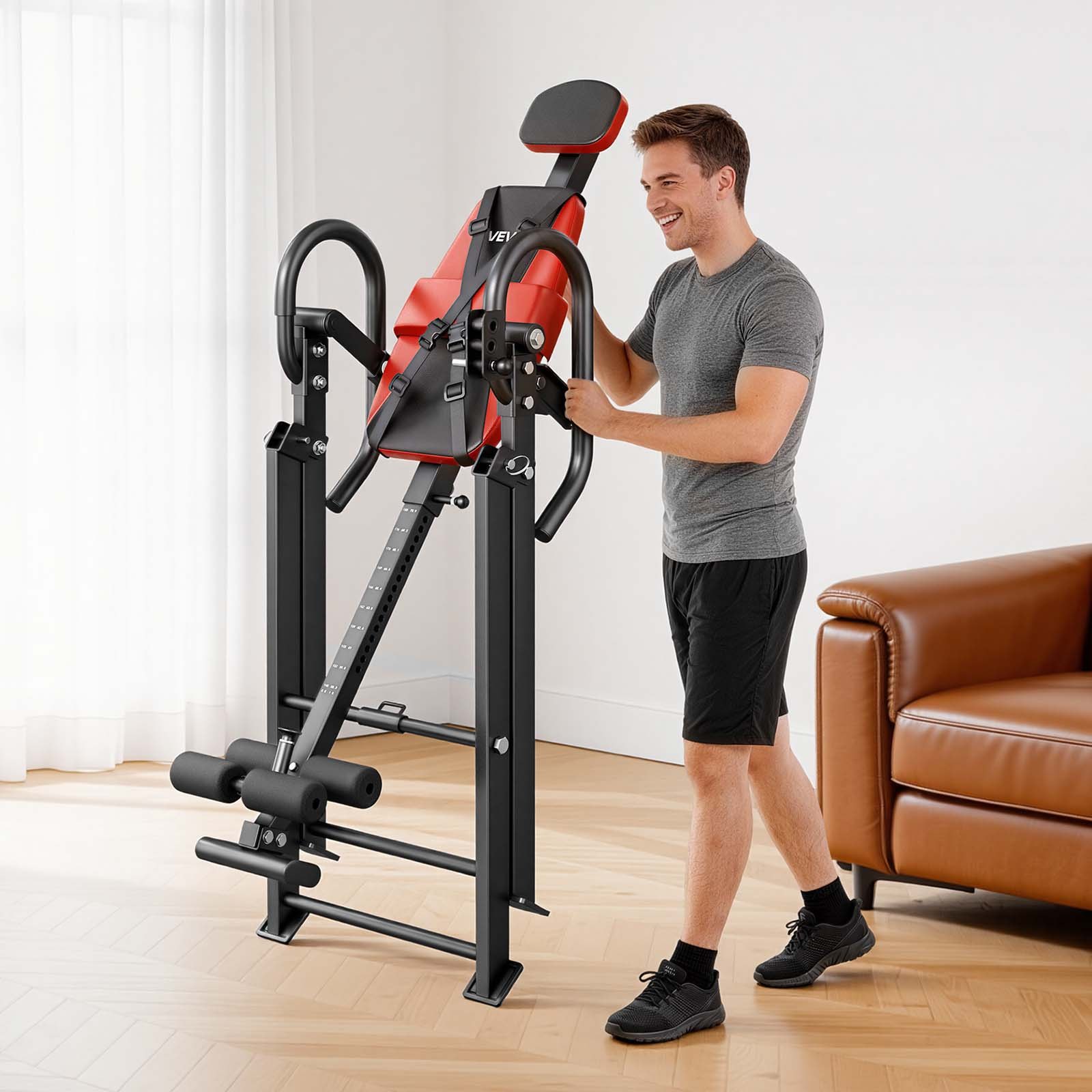 Stół inwersyjny VEVOR do 136 kg, wytrzymały stół inwersyjny z podwójnym mechanizmem blokującym rolki, trenażer pleców odciążający kręgosłup i szyję, 3-pozycyjne podłokietniki i regulowany podnóżek