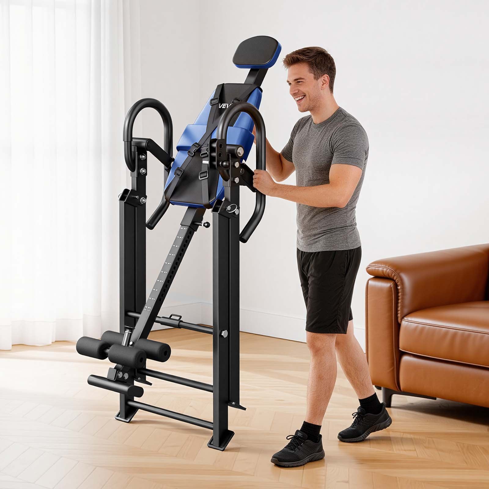 Stół inwersyjny VEVOR do 126 kg, wytrzymały stół inwersyjny z podwójnym mechanizmem blokującym rolki, trenażer pleców odciążający kręgosłup i szyję, 3-pozycyjne podłokietniki i regulowany podnóżek, kolor niebieski