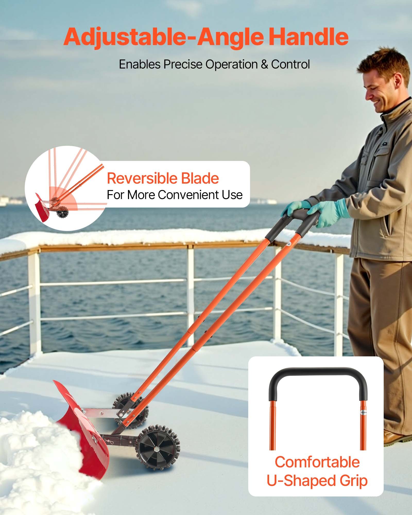 Łopata do śniegu VEVOR na kółkach, 955 mm, pług do śniegu z dwukierunkowym lemieszem, uchwyt regulowany pod kątem 90°, plastikowa łopata do odśnieżania, pług do śniegu, łopata do odśnieżania podjazdu