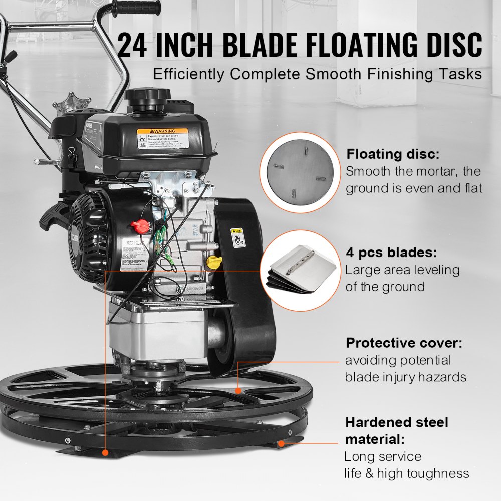 VEVOR Motorized Smoothing Tool, 24-inch handheld cement smoothing tool with smoothing pad, 6 HP gas-powered surface smoother for smooth concrete surfaces, heavy-duty commercial screed and concrete cement smoothing tool with smoothing blade, orange