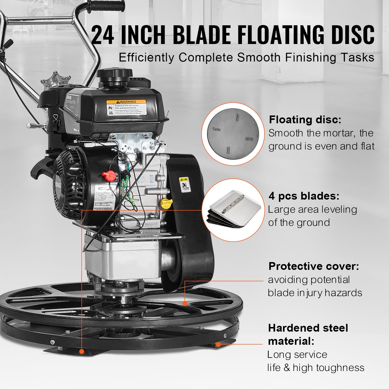 VEVOR Motorized Smoothing Tool, 24-inch handheld cement smoothing tool with smoothing pad, 6 HP gas-powered surface smoother for smooth concrete surfaces, heavy-duty commercial screed and concrete cement smoothing tool with smoothing blade, orange