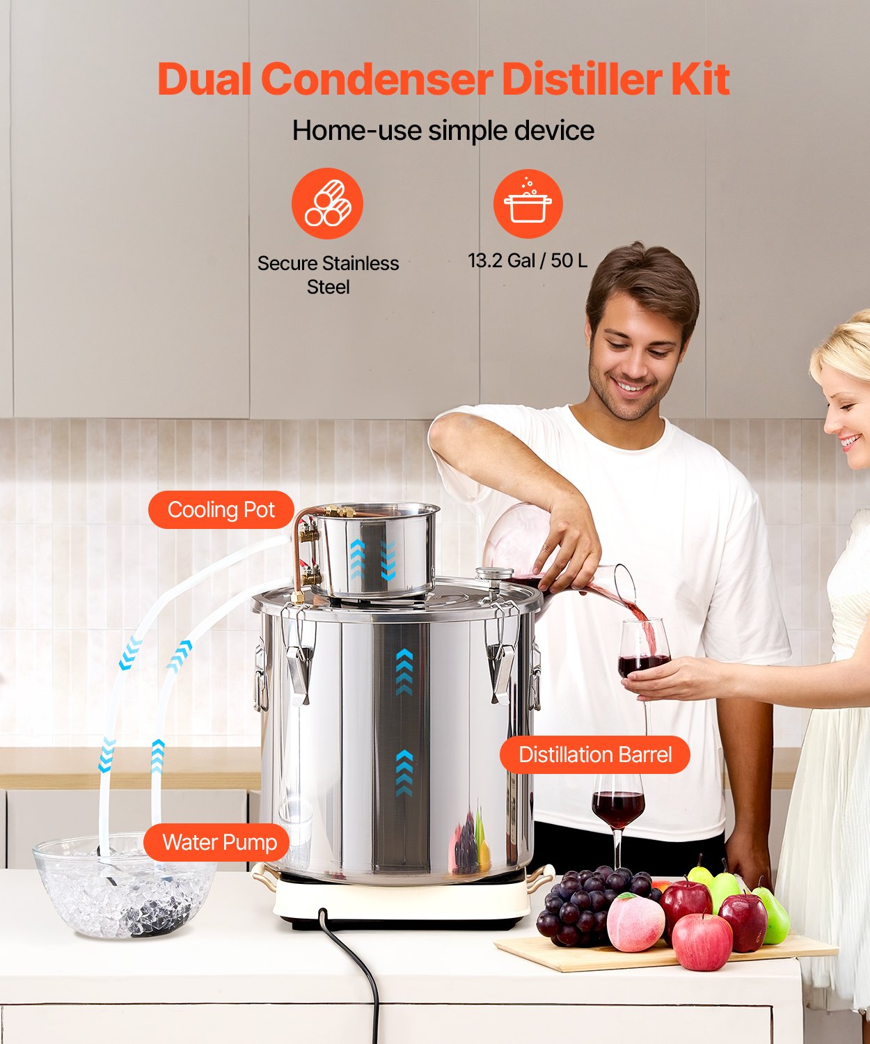 Destylator alkoholu VEVOR 50 l ze stali nierdzewnej, destylator wody i alkoholu z miedzianą wężownicą, zestaw do domowego warzenia piwa, rafinacji, z termometrem i pompą, do wina, whisky, brandy, srebrny