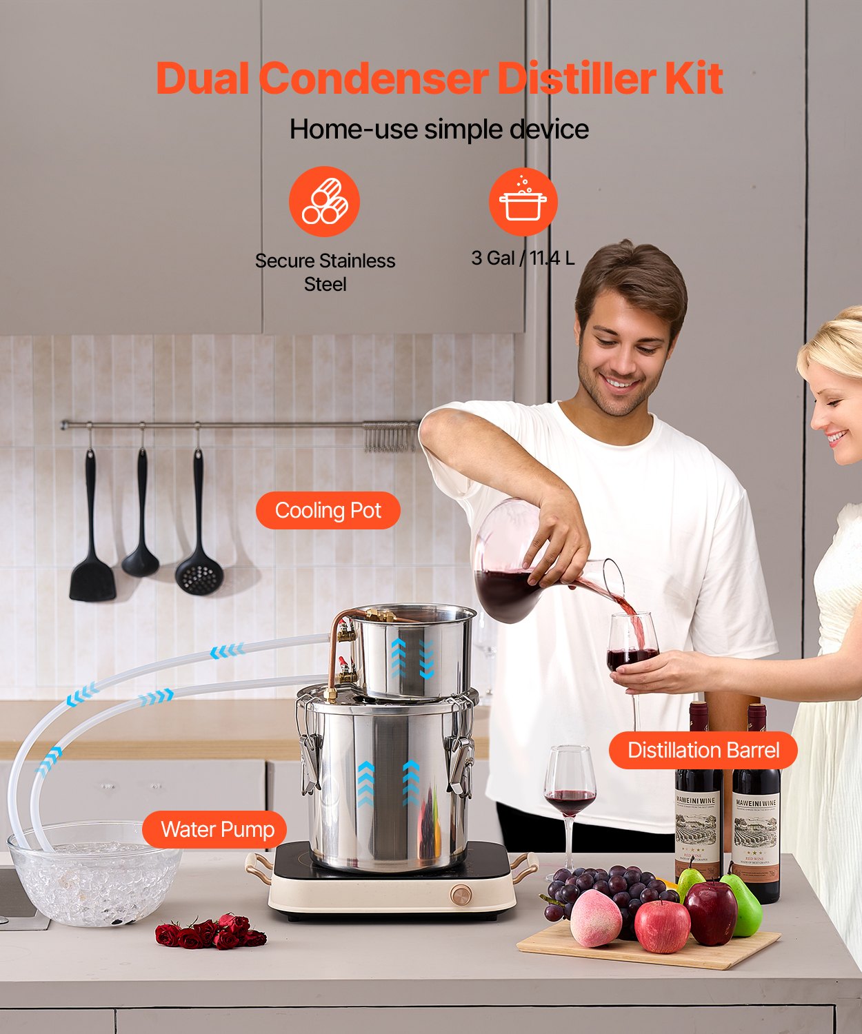 Destylator alkoholu VEVOR 11,4 l ze stali nierdzewnej, destylator wody i alkoholu z miedzianą wężownicą, domowy zestaw do fermentacji z termometrem i pompą, do wina, whisky, brandy, srebrny