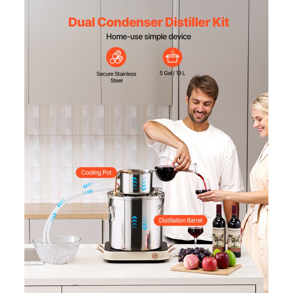 Destylator alkoholu VEVOR 19 l ze stali nierdzewnej, destylator wody i alkoholu z miedzianą wężownicą, domowy zestaw do fermentacji z termometrem, do wina, whisky, brandy, srebra