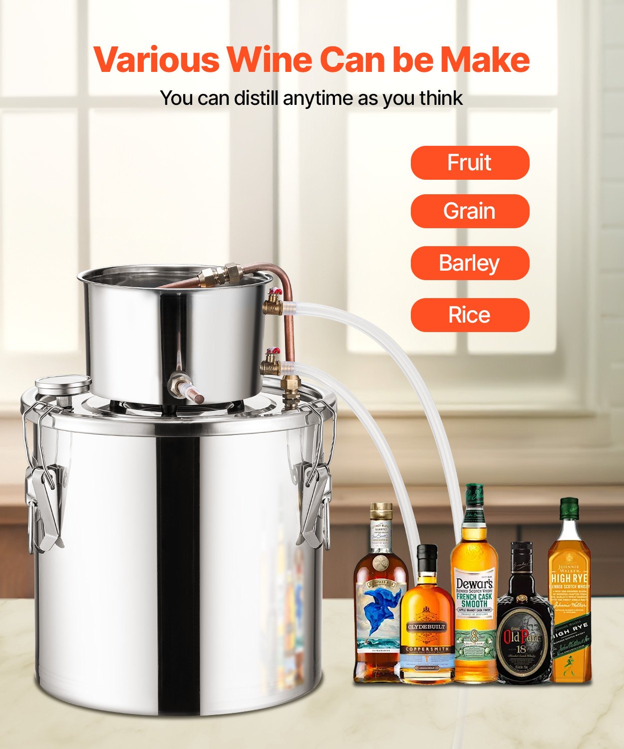 Destylator alkoholu VEVOR 19 l ze stali nierdzewnej, destylator wody i alkoholu z miedzianą wężownicą, zestaw do rafinacji z termometrem i pompą, do wina, whisky, brandy, srebrny