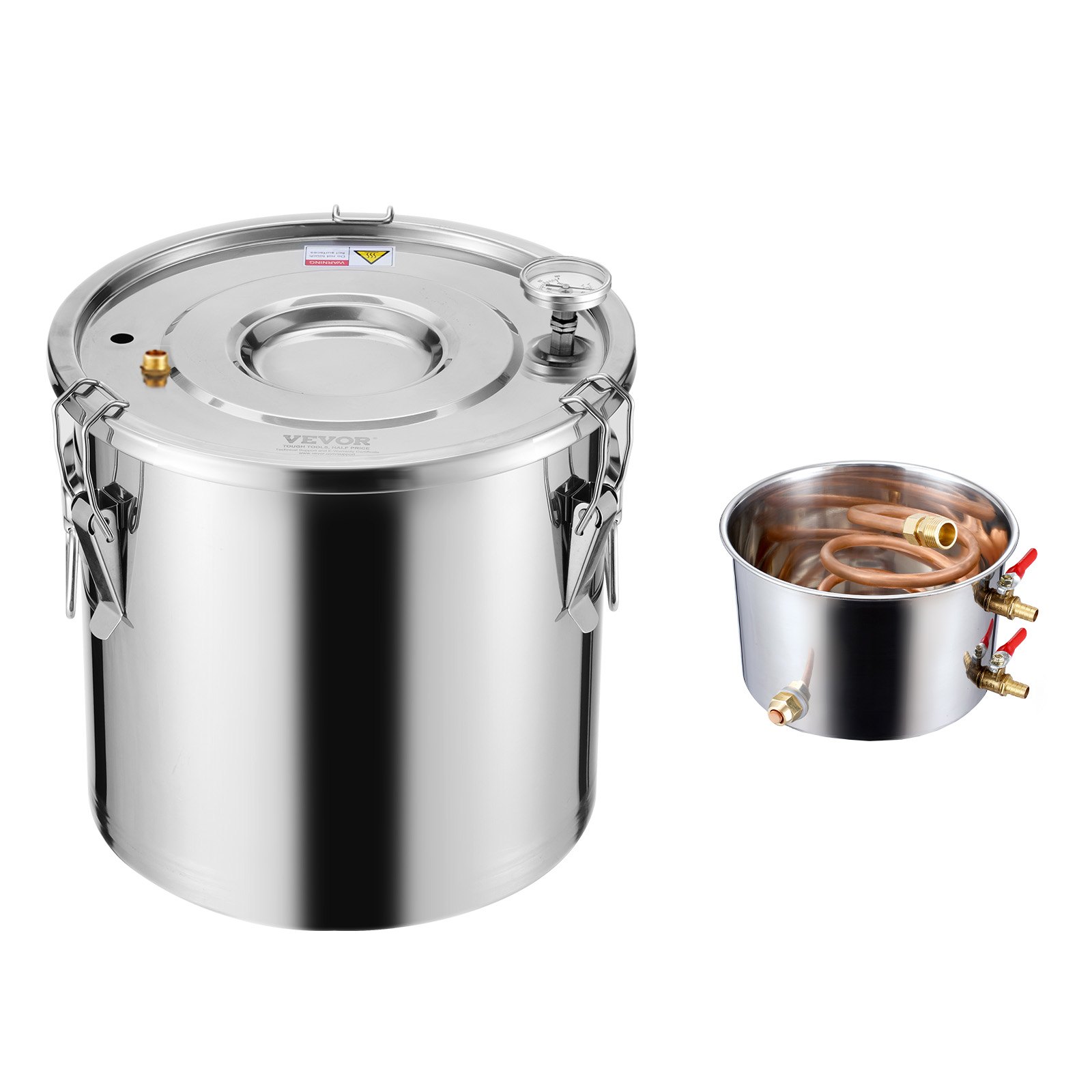 Destylator alkoholu VEVOR 19 l ze stali nierdzewnej, destylator wody i alkoholu z miedzianą wężownicą, zestaw do rafinacji z termometrem i pompą, do wina, whisky, brandy, srebrny