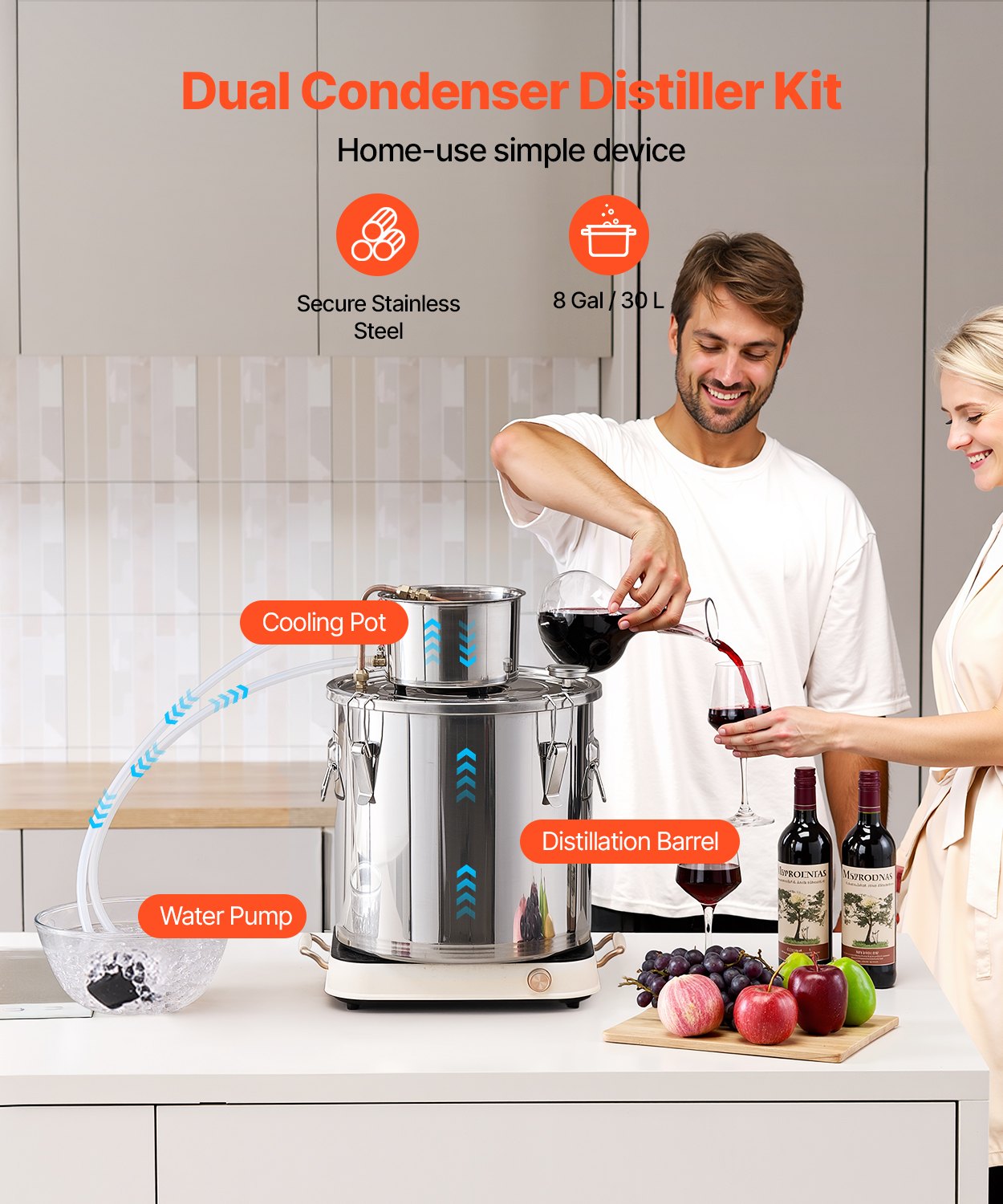 Destylator alkoholu VEVOR 30 l ze stali nierdzewnej, destylator wody i alkoholu z miedzianą wężownicą, domowy zestaw do fermentacji z termometrem i pompą, do wina, whisky, brandy, srebrny