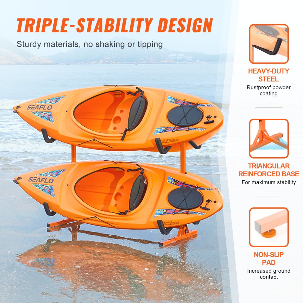 Wieszak na kajak VEVOR 1260 x 1070 x 1375 mm, wolnostojący stojak na 4 kajaki o zakresie regulacji szerokości 1230–1825 mm, wytrzymały stojak na kajaki, solidne haki do przechowywania kajaków