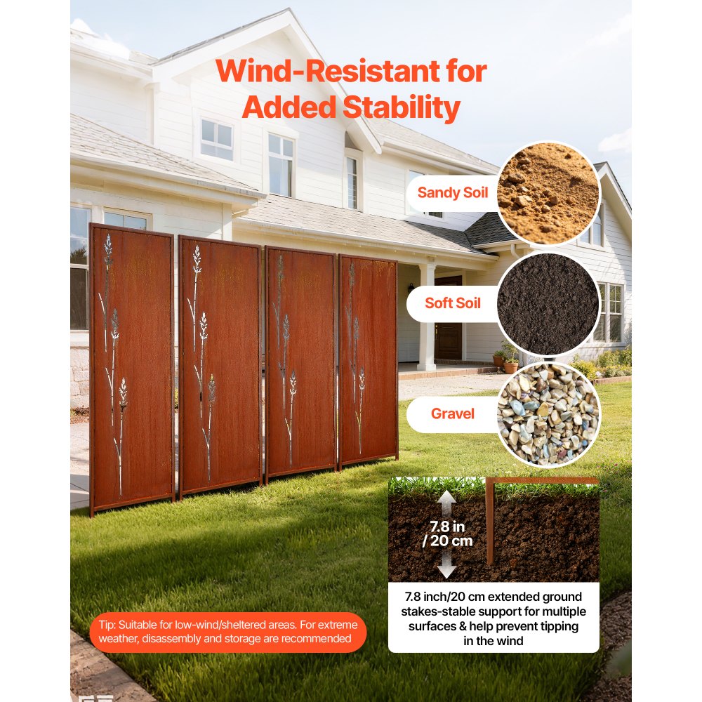 Parawan składany VEVOR 50x160 cm, zestaw 4 sztuk, ścianka działowa, ścianka działowa z kolcami do wbijania w ziemię i panelem ze stali węglowej, parawan, ścianka działowa, dekoracyjna ściana zapewniająca prywatność do ogrodu, na taras, podwórko, balkon