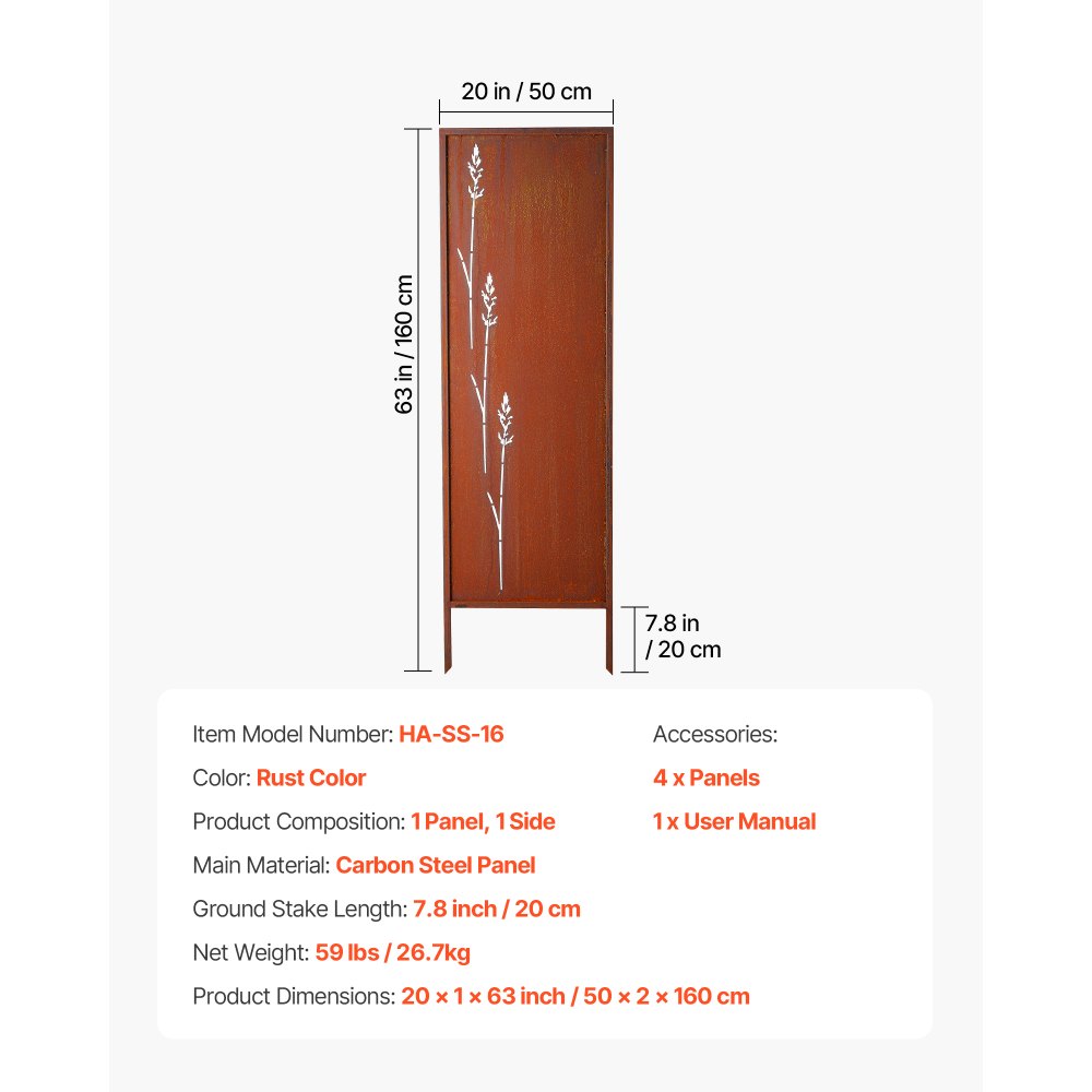 Parawan składany VEVOR 50x160 cm, zestaw 4 sztuk, ścianka działowa, ścianka działowa z kolcami do wbijania w ziemię i panelem ze stali węglowej, parawan, ścianka działowa, dekoracyjna ściana zapewniająca prywatność do ogrodu, na taras, podwórko, balkon