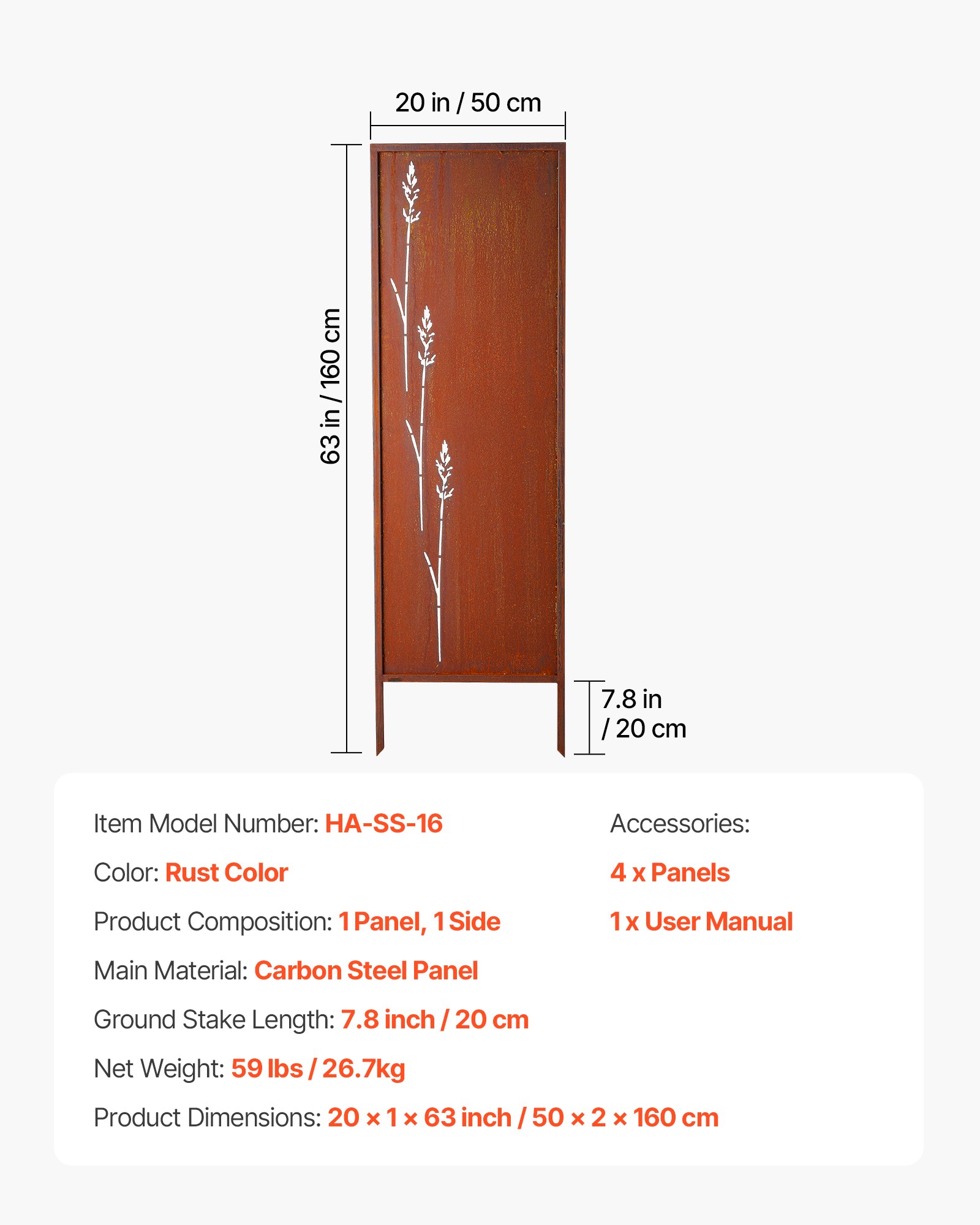 Parawan składany VEVOR 50x160 cm, zestaw 4 sztuk, ścianka działowa, ścianka działowa z kolcami do wbijania w ziemię i panelem ze stali węglowej, parawan, ścianka działowa, dekoracyjna ściana zapewniająca prywatność do ogrodu, na taras, podwórko, balkon