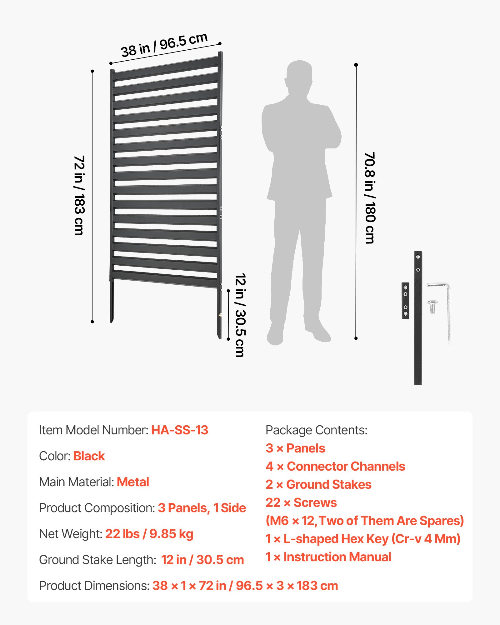 Parawan składany VEVOR 95,5 x 183 cm, metalowy parawan, ścianka działowa z kolcami do wbijania w ziemię, parawan zapewniający prywatność, parawan, dekoracyjna ściana zapewniająca prywatność, idealny do ogrodu, na taras, podwórko, balkon, czarny