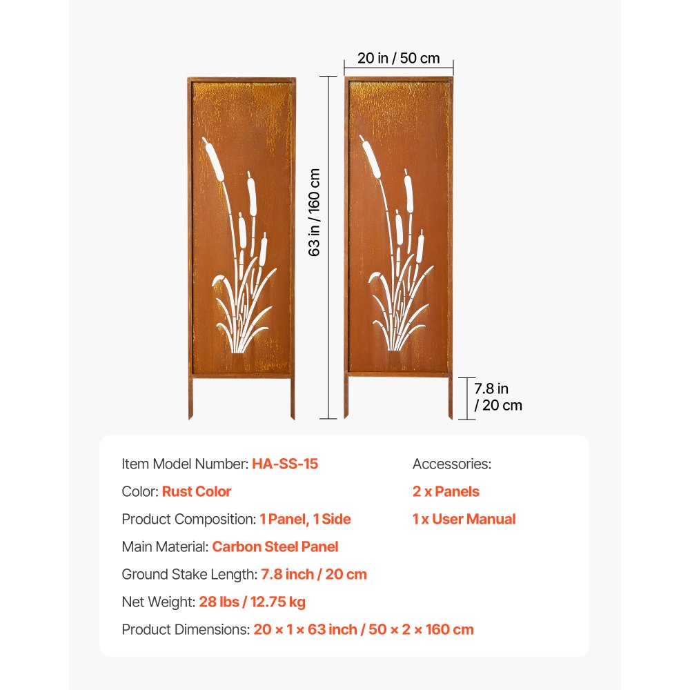 Parawan składany VEVOR, 50 x 160 cm, zestaw 2 szt., metalowa ścianka działowa, ścianka działowa z kolcami do wbijania w ziemię i panelem ze stali węglowej, parawan, ścianka działowa, dekoracyjna ściana zapewniająca prywatność w ogrodzie, na tarasie, podwórku i balkonie