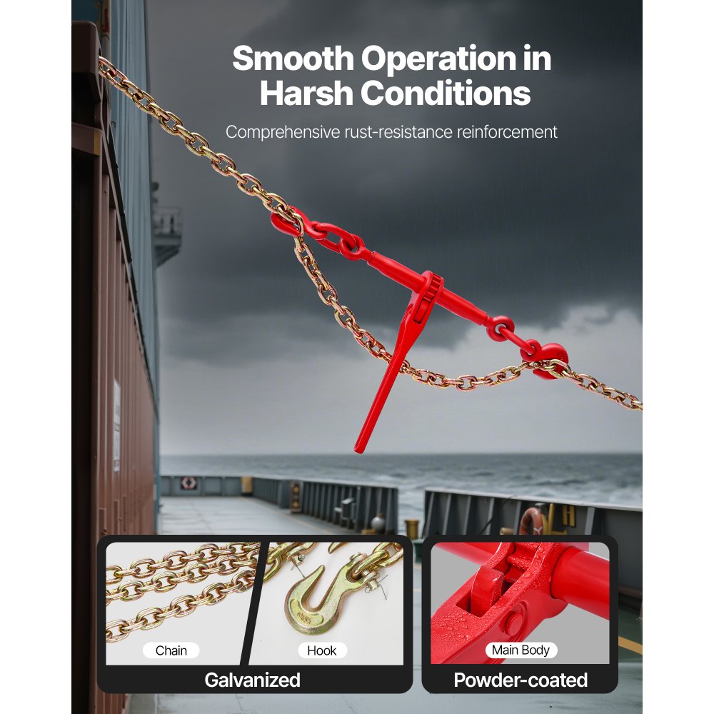 Napinacz zapadkowy VEVOR z łańcuchami mocującymi G80 10 mm x 3 m, zestaw 8 szt., siła naciągu 4173 kg, opaski łańcuchowe z 2 hakami, zapięcia do łańcuchów transportowych, do zabezpieczania ładunku, transportu, przyczep z płaską platformą