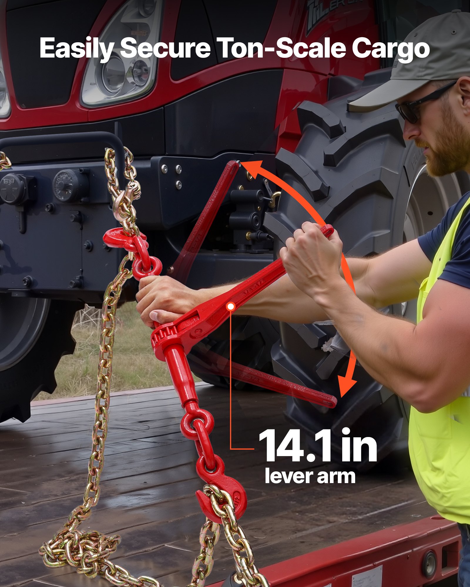 Napinacz zapadkowy VEVOR z łańcuchami mocującymi G80 10 mm x 3 m, zestaw 8 szt., siła naciągu 4173 kg, opaski łańcuchowe z 2 hakami, zapięcia do łańcuchów transportowych, do zabezpieczania ładunku, transportu, przyczep z płaską platformą