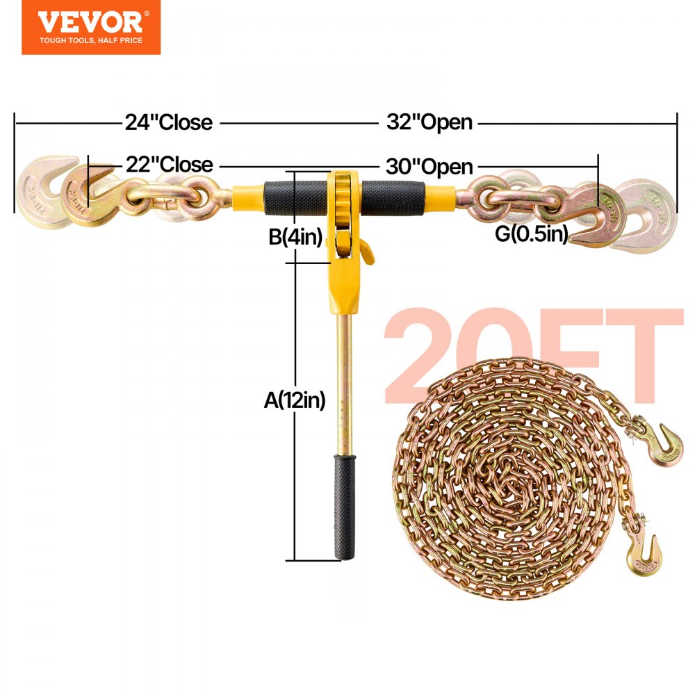 Łańcuchy mocujące VEVOR z grzechotką, 5/16"-3/8" do ciężkich ładunków z łańcuchami G80, nośność 3220 kg, oszczędzający pracę uchwyt antypoślizgowy, do przyczep niskopodwoziowych, opakowanie 4 szt.
