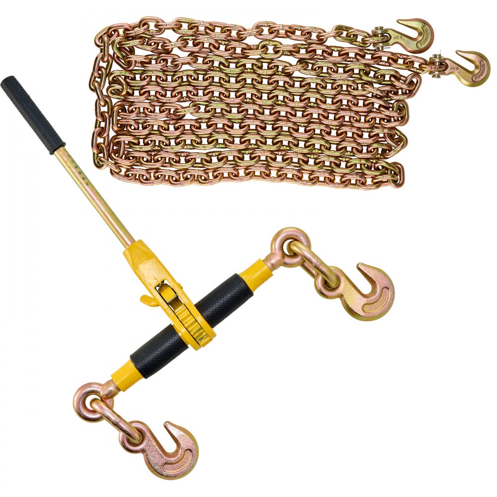 Łańcuchy mocujące VEVOR z grzechotką, 5/16"-3/8" do ciężkich ładunków z łańcuchami G80, nośność 3220 kg, oszczędzający pracę uchwyt antypoślizgowy, do przyczep niskopodwoziowych, opakowanie 4 szt.