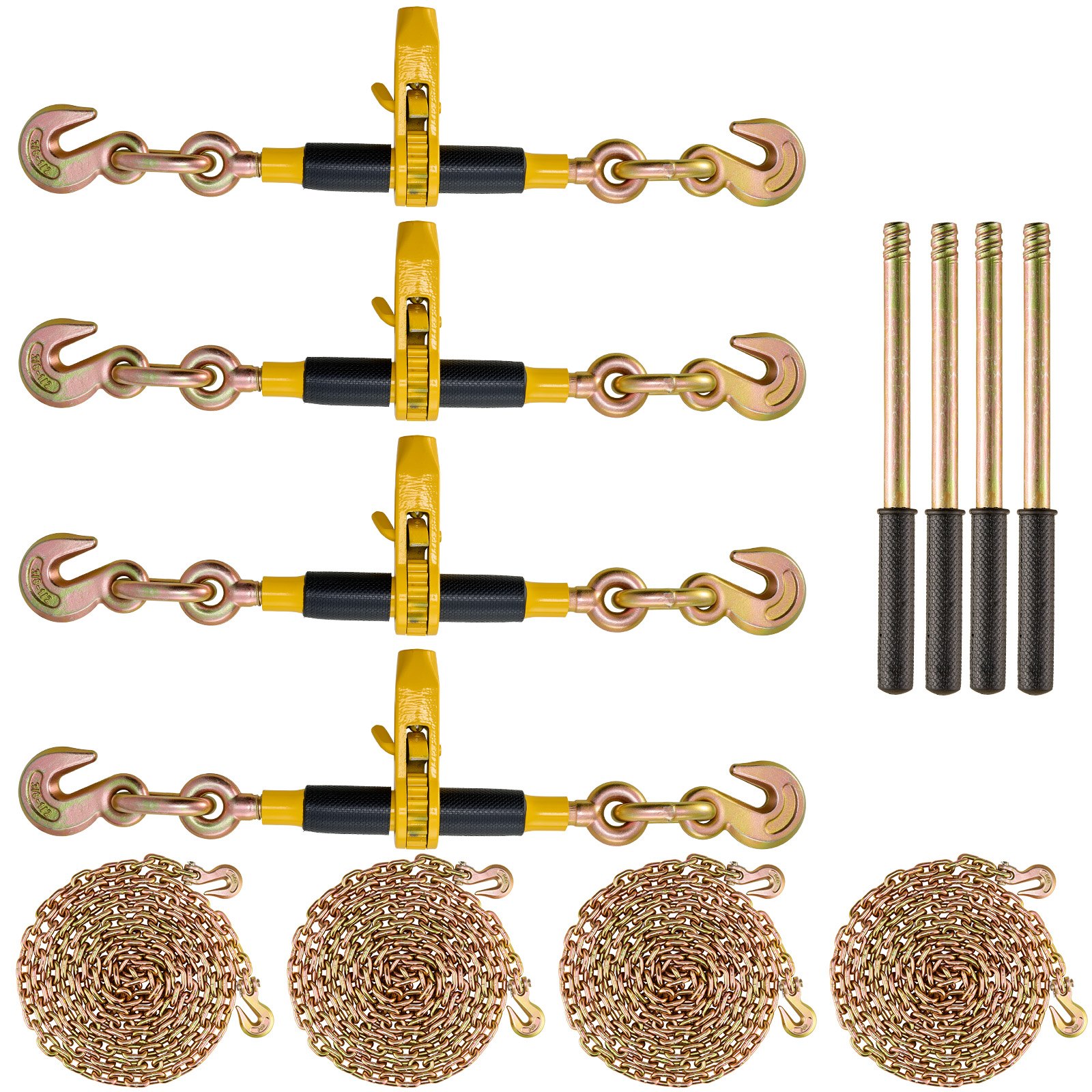Łańcuchy mocujące VEVOR z grzechotką, 5/16"-3/8" do ciężkich ładunków z łańcuchami G80, nośność 3220 kg, oszczędzający pracę uchwyt antypoślizgowy, do przyczep niskopodwoziowych, opakowanie 4 szt.