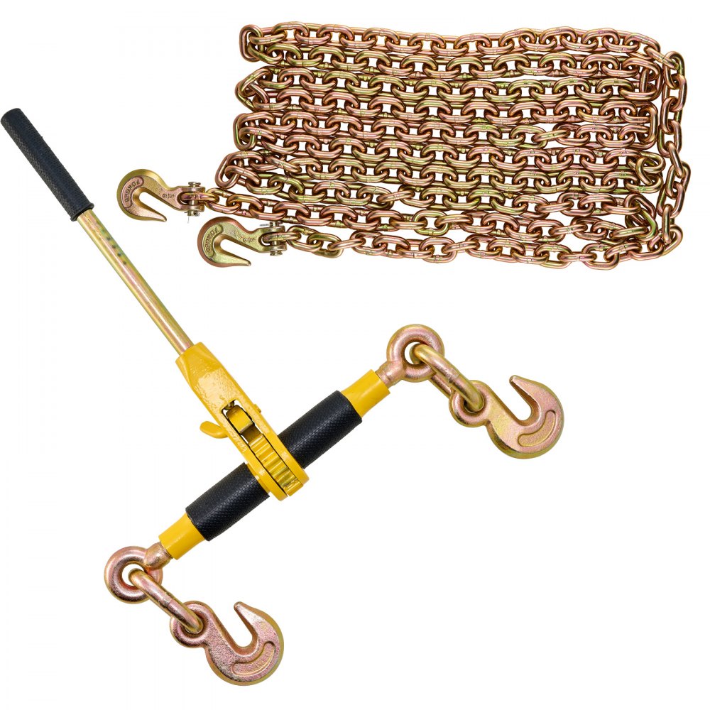 VEVOR Łańcuchy mocujące z grzechotką, 2 sztuki, 3/8"-1/2", wytrzymałe, z łańcuchami G80, o nośności 5443 kg, oszczędzające pracę, z antypoślizgową rączką, do przyczep niskopodwoziowych