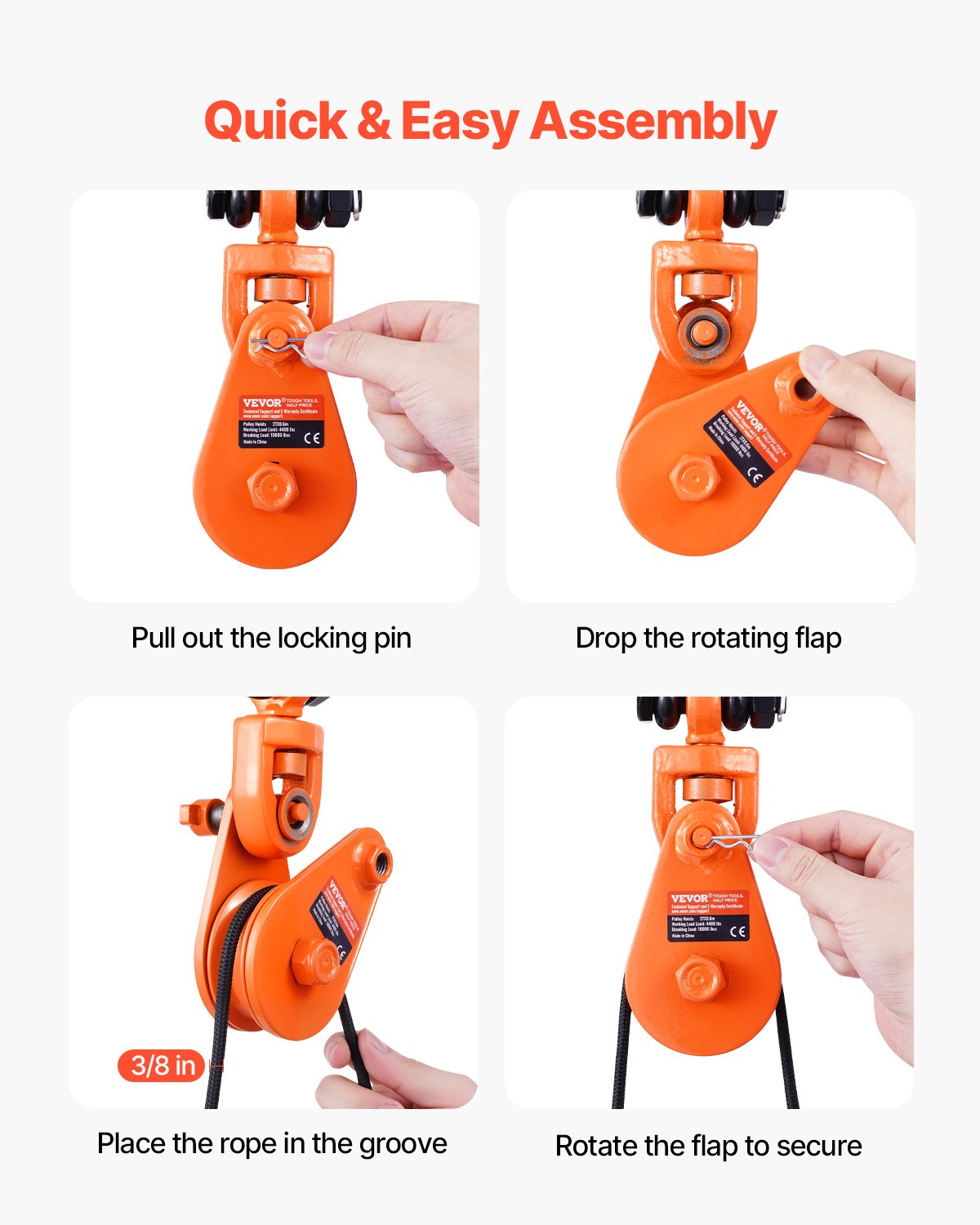 Blok wyrywający VEVOR 2 tony z łańcuchem G80, obrotowym szeklem, bloczkiem 74 mm do liny stalowej 3/8 cala, wciągarka leśna do holowania i ratownictwa na ciężarówkach z platformą, lawetach