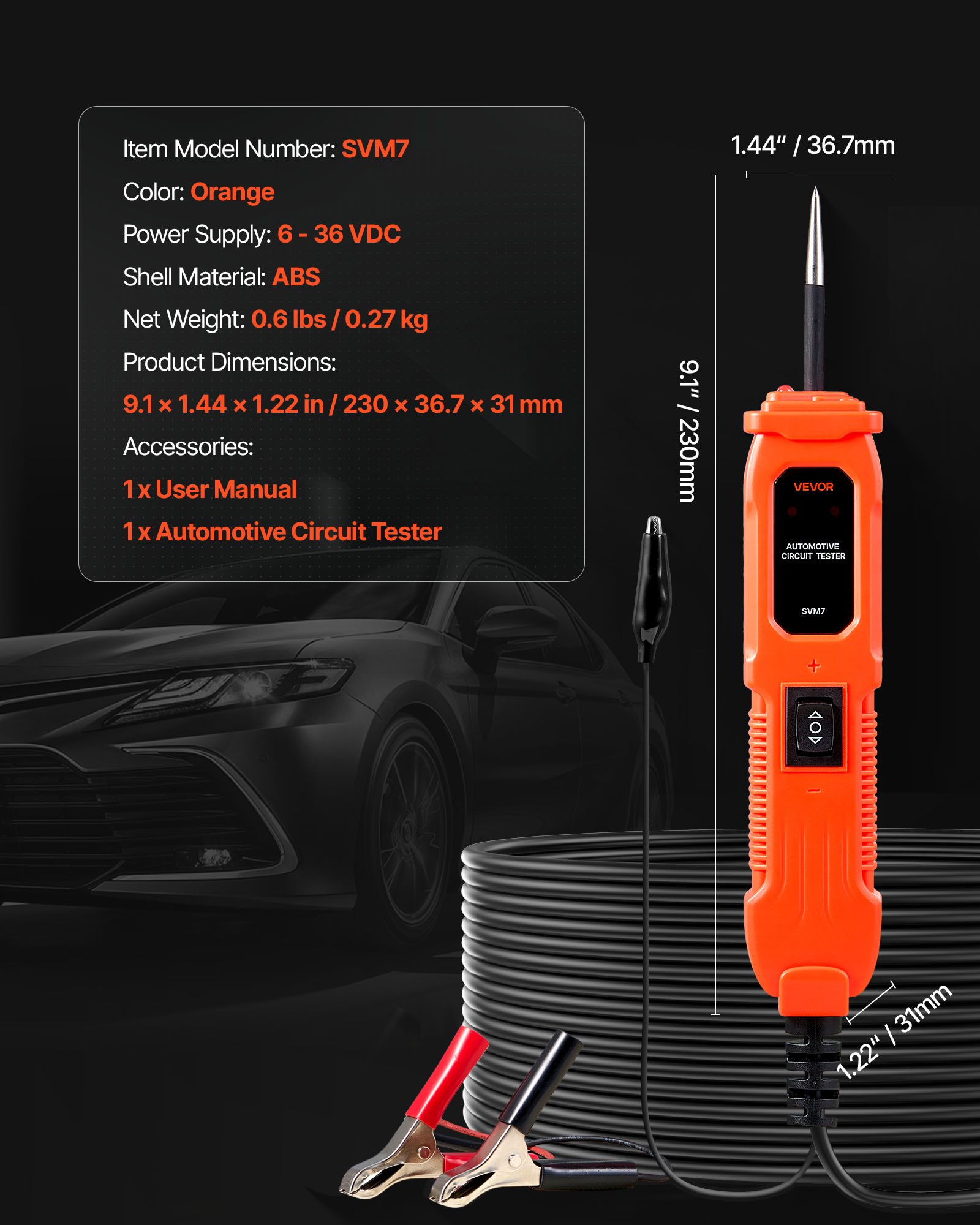 VEVOR Automotive Circuit Tester, 6 - 36 DCV Power Circuit Probe Tester with Lighting, Automotive Power Tester Probe with 13 ft / 4 m Cable, ABS Shell Wire Detector Finder for Sedan, SUV, RV, Truck