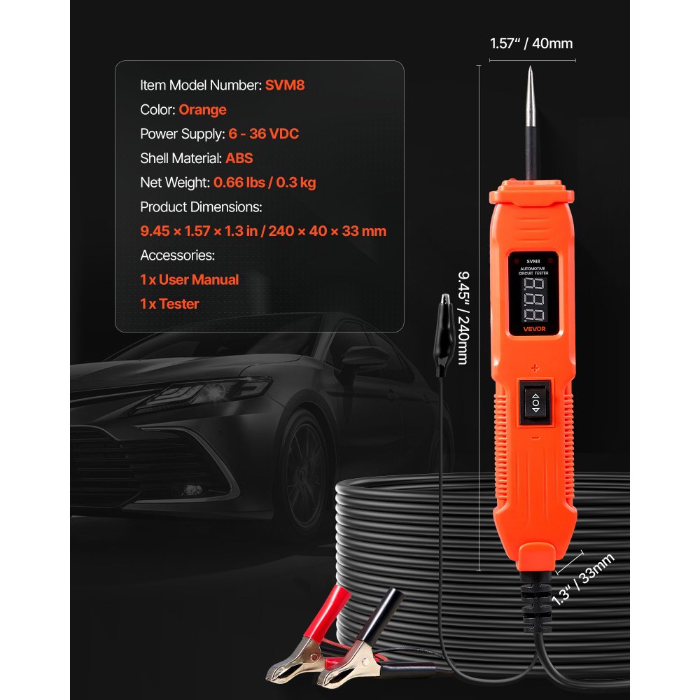 Tester obwodów samochodowych VEVOR z sondą obwodową, ekranem LED i oświetleniem, tester napięcia DCV 6-36 V z kablem 4 m i obudową ABS, tester obwodów z detektorem elektrycznym