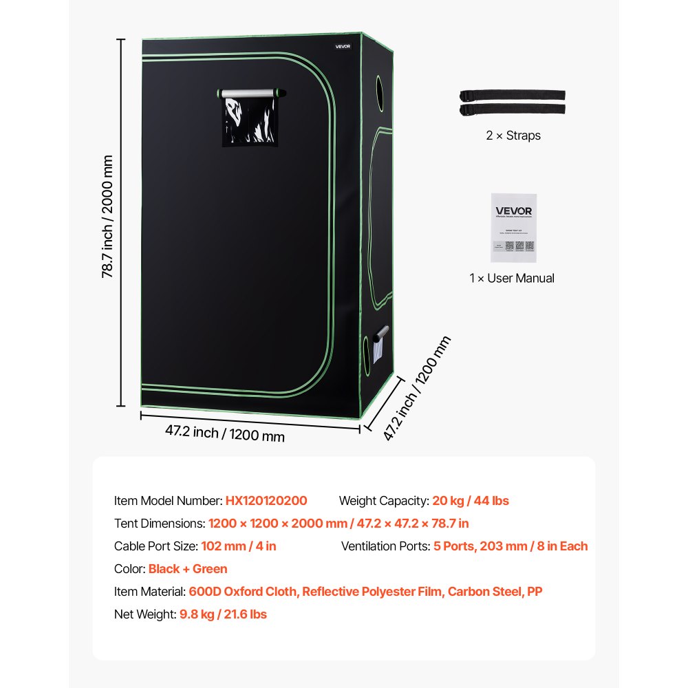 VEVOR Indoor Grow Tent, 120 x 120 x 200 cm, 600D High Reflective Mylar, Indoor Plant Tent with Observation Window, Floor Tray & Zipper, Heavy Duty Growing Tents for Fruit Flower Veggie