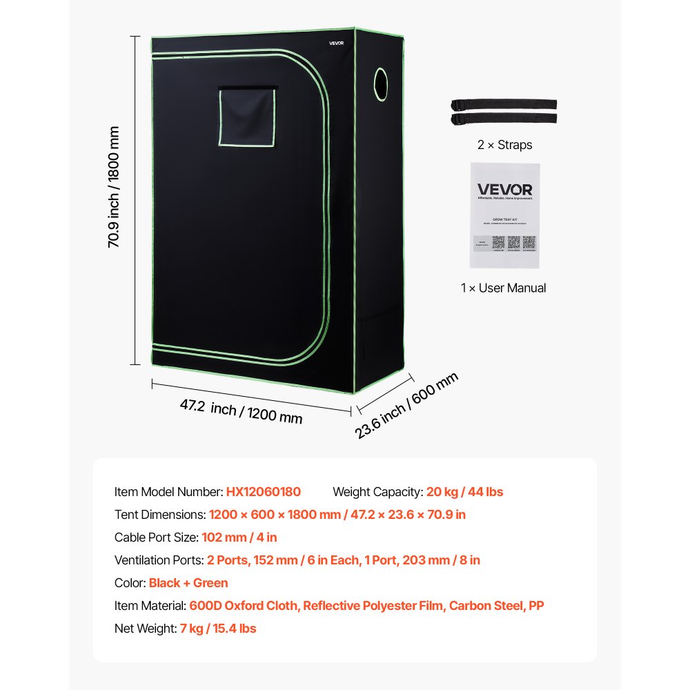 Namiot do uprawy VEVOR, 120x60x180 cm, Growbox 600D Mylar o wysokim współczynniku odbicia światła, namiot do uprawy roślin doniczkowych z oknem obserwacyjnym, tacą na podłoże i zamkiem błyskawicznym, namioty do uprawy owoców, kwiatów i warzyw w szklarniach