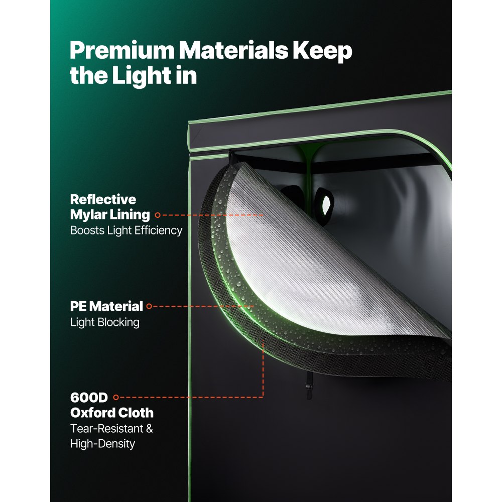 VEVOR Indoor Grow Tent, 120 x 60 x 180 cm, 600D High Reflective Mylar, Indoor Plant Tent with Observation Window, Floor Tray & Zipper, Heavy Duty Growing Tents for Fruit Flower Veggie