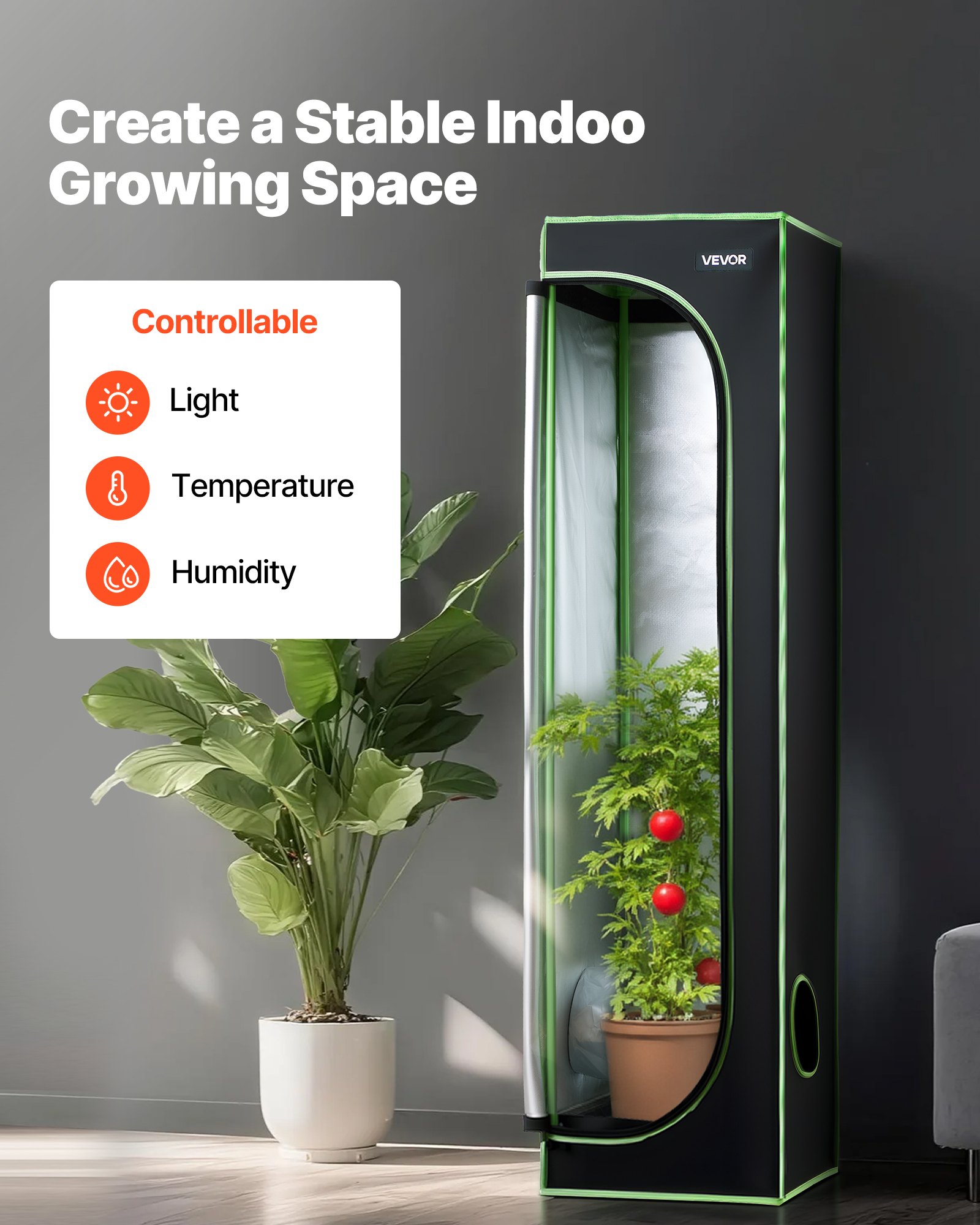 VEVOR Indoor Grow Tent, 40 x 40 x 160 cm, 600D High Reflective Mylar, Indoor Plant Tent with Observation Window, Floor Tray & Zipper, Heavy Duty Growing Tents for Fruit Flower Veggie