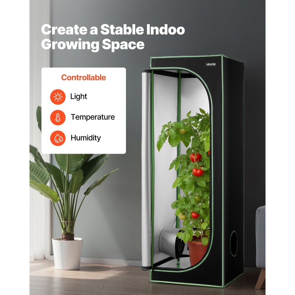 VEVOR Indoor Grow Tent, 60 x 60 x 180 cm, 600D High Reflective Mylar, Indoor Plant Tent with Observation Window, Floor Tray & Zipper, Heavy Duty Growing Tents for Fruit Flower Veggie