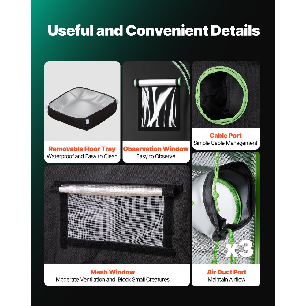 VEVOR Indoor Grow Tent, 60 x 60 x 180 cm, 600D High Reflective Mylar, Indoor Plant Tent with Observation Window, Floor Tray & Zipper, Heavy Duty Growing Tents for Fruit Flower Veggie