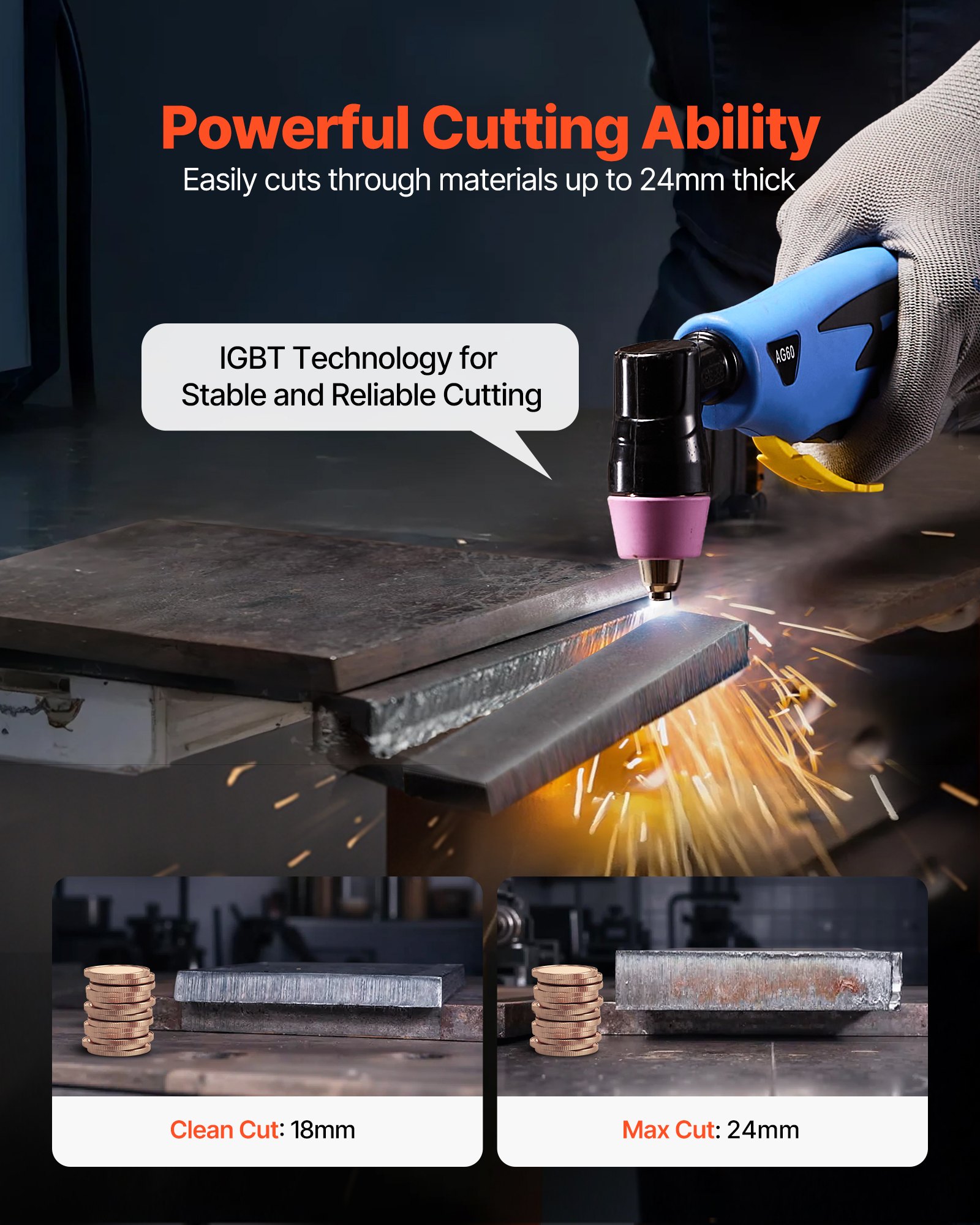 VEVOR Plasma Cutter, 60A Plasma Cutting Machine, Digital Display IGBT Inverter Cutter Machine with 2T/4T Function & Adjustable PA/PT Time for Industrial Use (400V 3-Phase Power Supply)