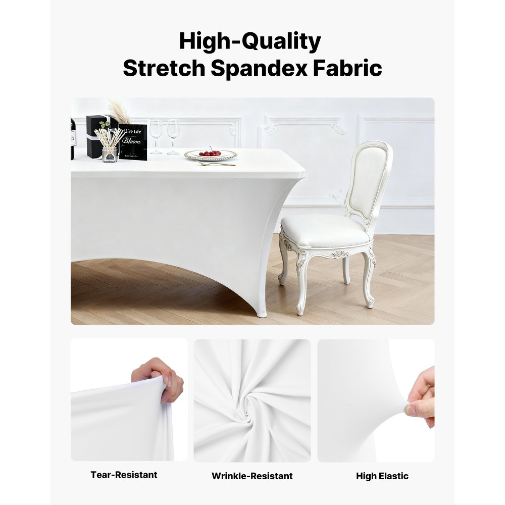 VEVOR 6 x Elastyczny obrus ze spandexu (prostokątny) odpowiedni na stoły o szerokości 244 cm, zmywalny, niegniotący się ochraniacz na obrus, obrus na imprezy, wesela, bankiety, festiwale, biały