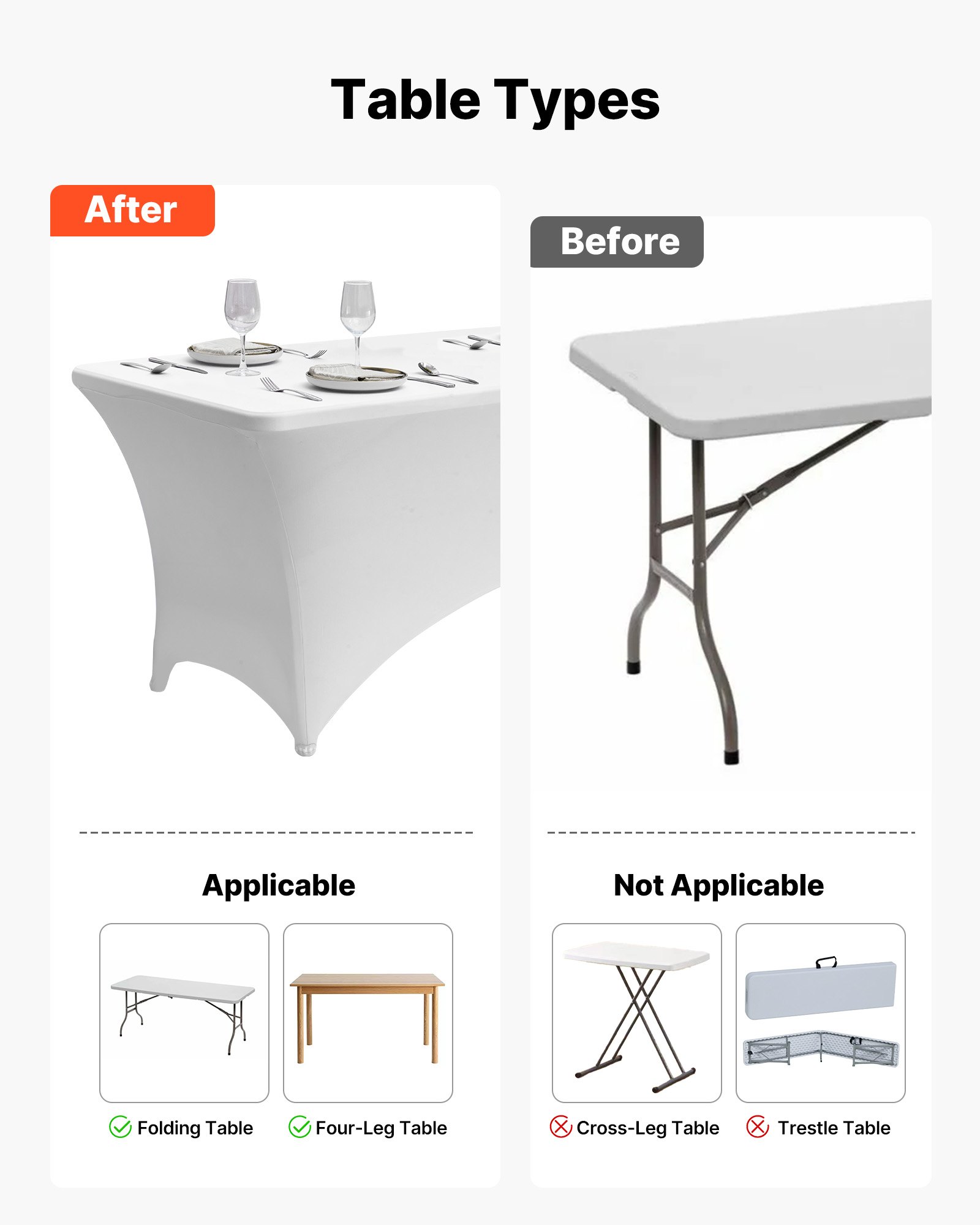 VEVOR 6 x Elastyczny obrus ze spandexu (prostokątny) odpowiedni na stoły o szerokości 244 cm, zmywalny, niegniotący się ochraniacz na obrus, obrus na imprezy, wesela, bankiety, festiwale, biały