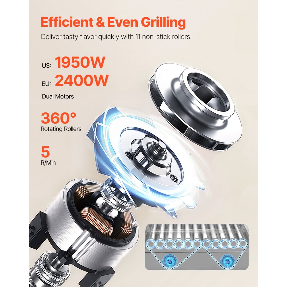 Grill elektryczny VEVOR na 30 parówek, 11 rolek, stal nierdzewna, 2400 W, z podgrzewaczem bułek i pokrywą (szkło + poliwęglan), 3 pokrętłami temperatury, bocznym schowkiem i tacką na ociekający olej