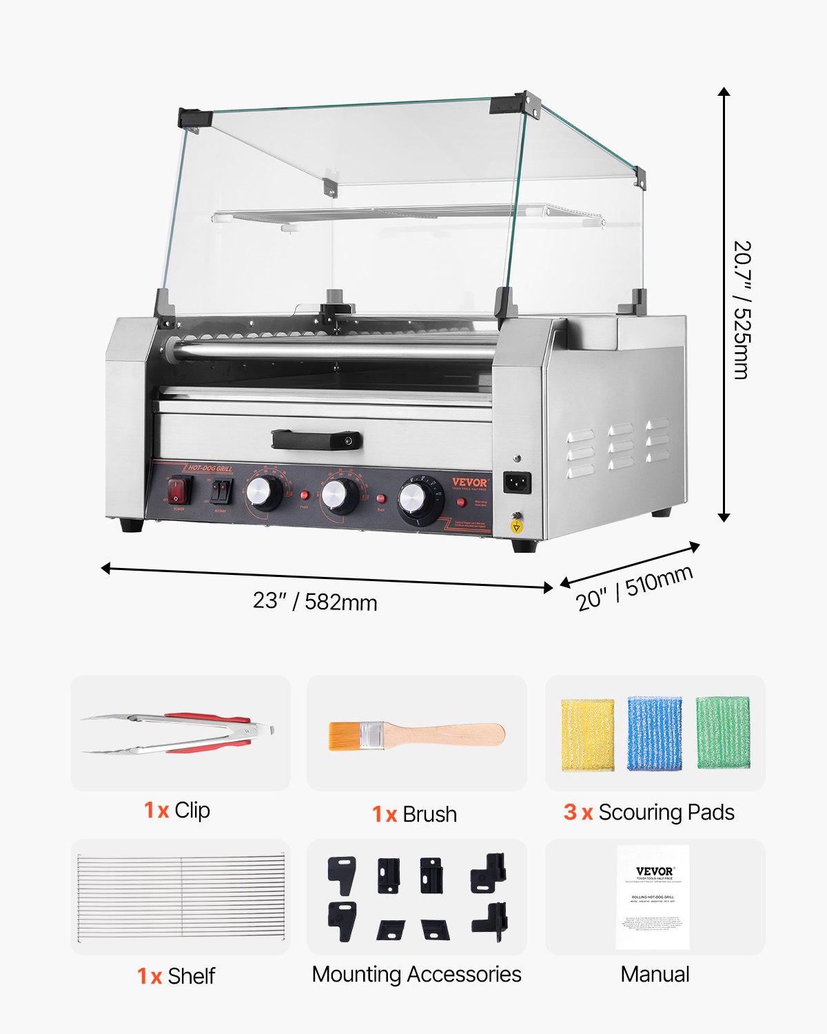 Grill elektryczny VEVOR na 30 parówek, 11 rolek, stal nierdzewna, 2400 W, z podgrzewaczem bułek i pokrywą (szkło + poliwęglan), 3 pokrętłami temperatury, bocznym schowkiem i tacką na ociekający olej