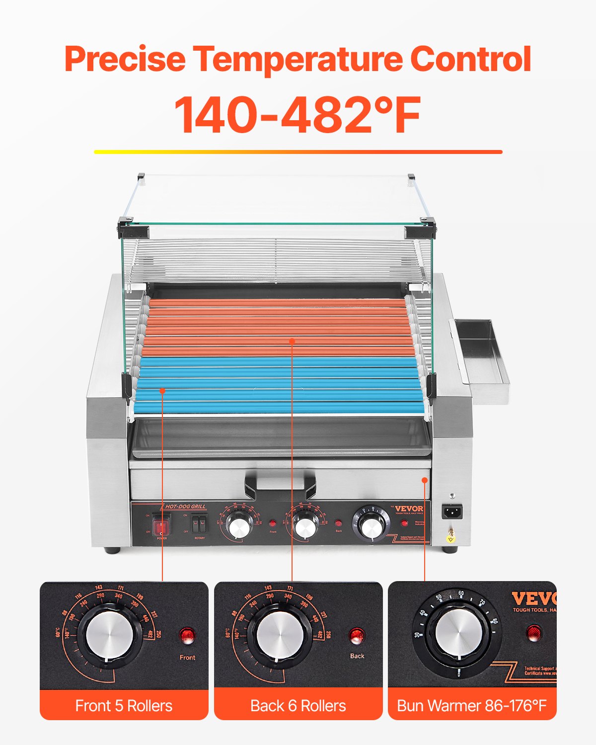 Grill elektryczny VEVOR na 30 parówek, 11 rolek, stal nierdzewna, 2400 W, z podgrzewaczem bułek i pokrywą (szkło + poliwęglan), 3 pokrętłami temperatury, bocznym schowkiem i tacką na ociekający olej