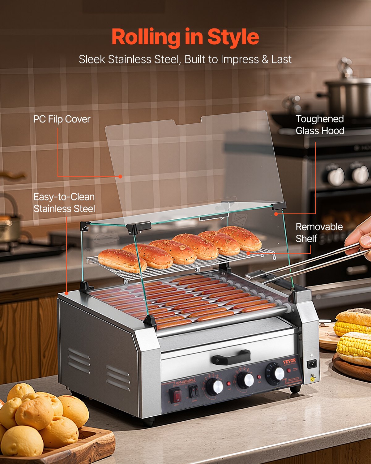 Grill elektryczny VEVOR na 30 parówek, 11 rolek, stal nierdzewna, 2400 W, z podgrzewaczem bułek i pokrywą (szkło + poliwęglan), 3 pokrętłami temperatury, bocznym schowkiem i tacką na ociekający olej