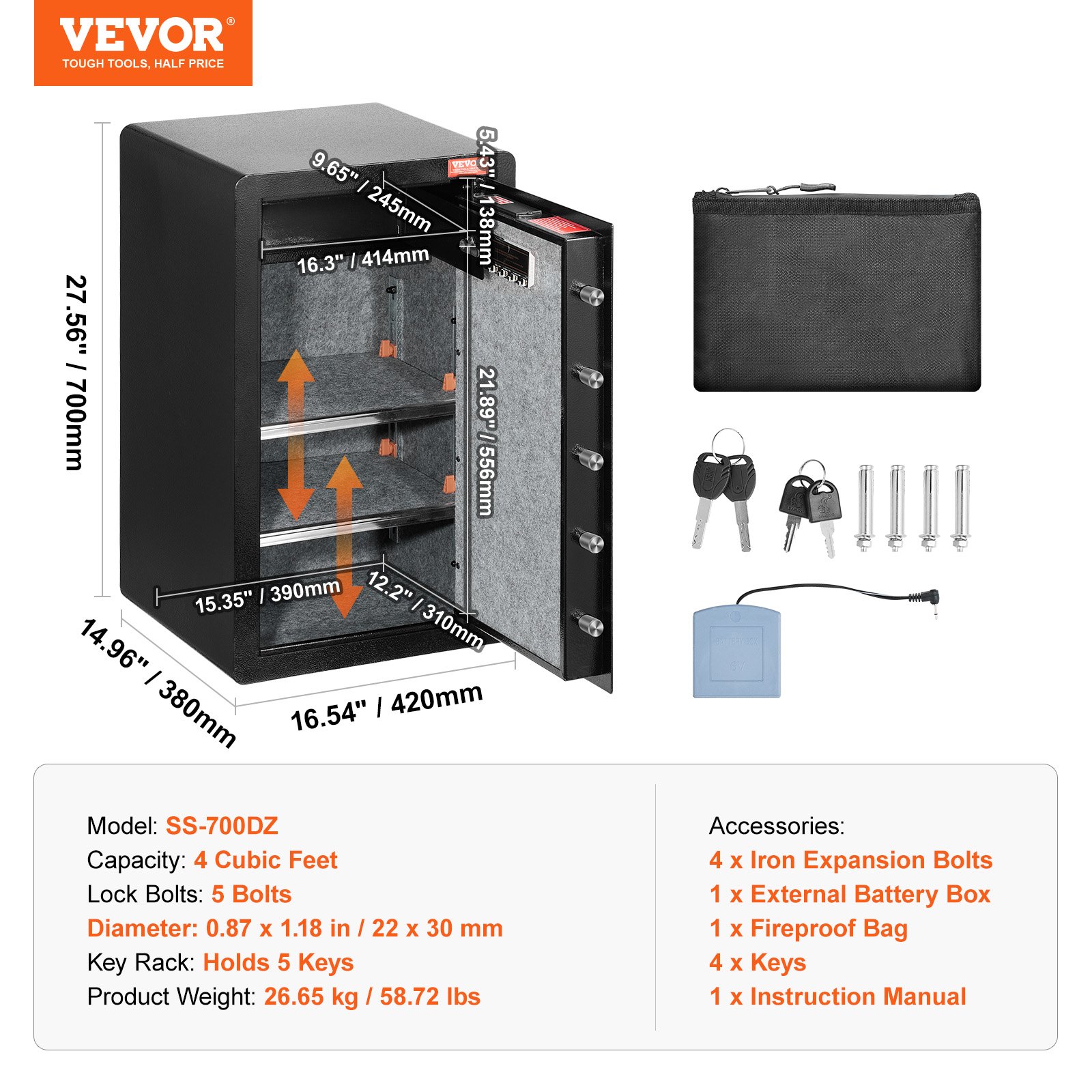 VEVOR Safe with fireproof wallet, single-door safe, 4 cubic feet, 2 dividers, digital furniture safe with key code, valuables box for money and jewelry, black cash safe
