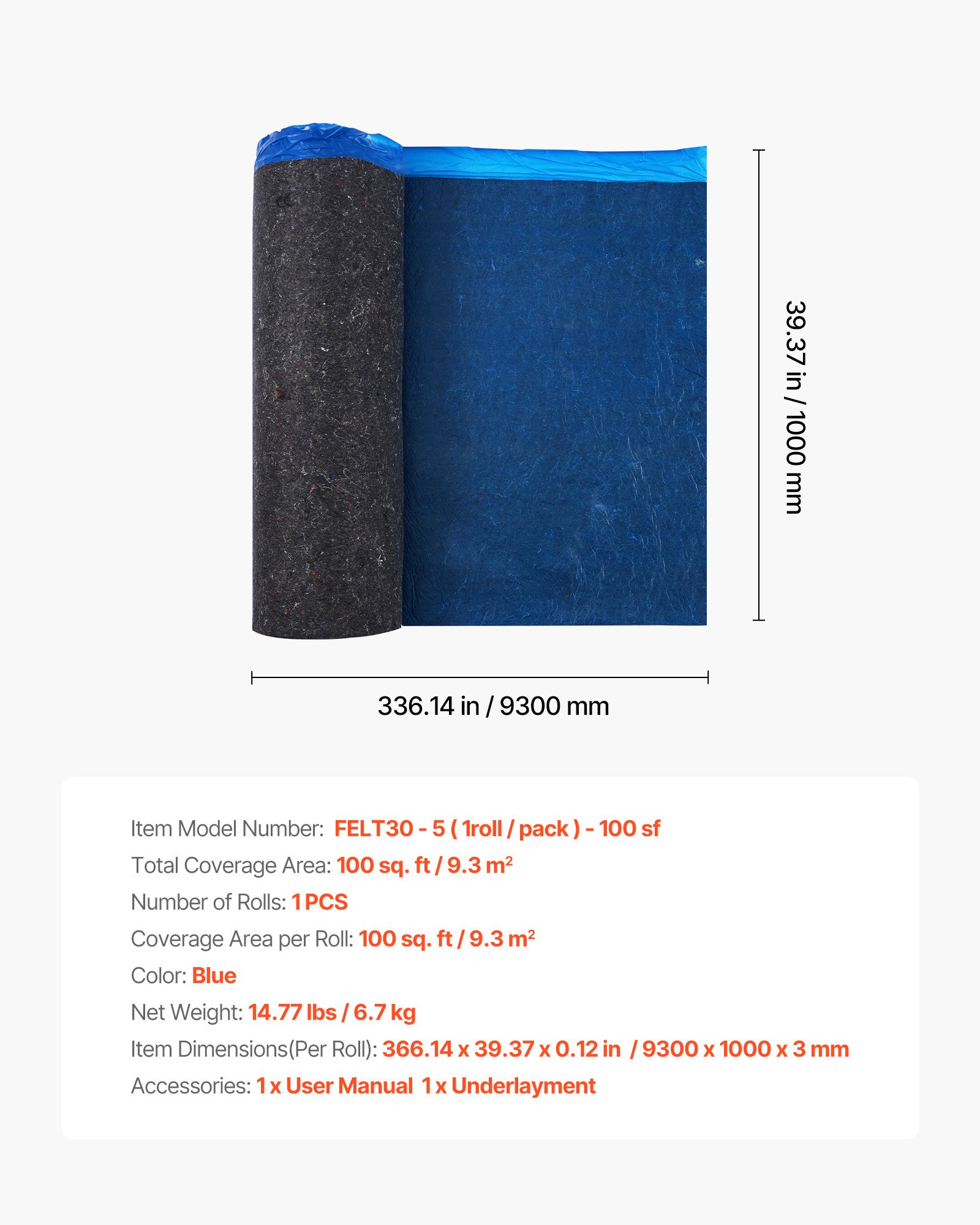 Podkład dźwiękochłonny VEVOR, 9,3 m², grubość 3 mm, do podłóg laminowanych z przymocowaną paroizolacją, włókno + folia PE, izolacja akustyczna i redukcja hałasu, idealny do podłóg winylowych, laminowanych i drewnianych