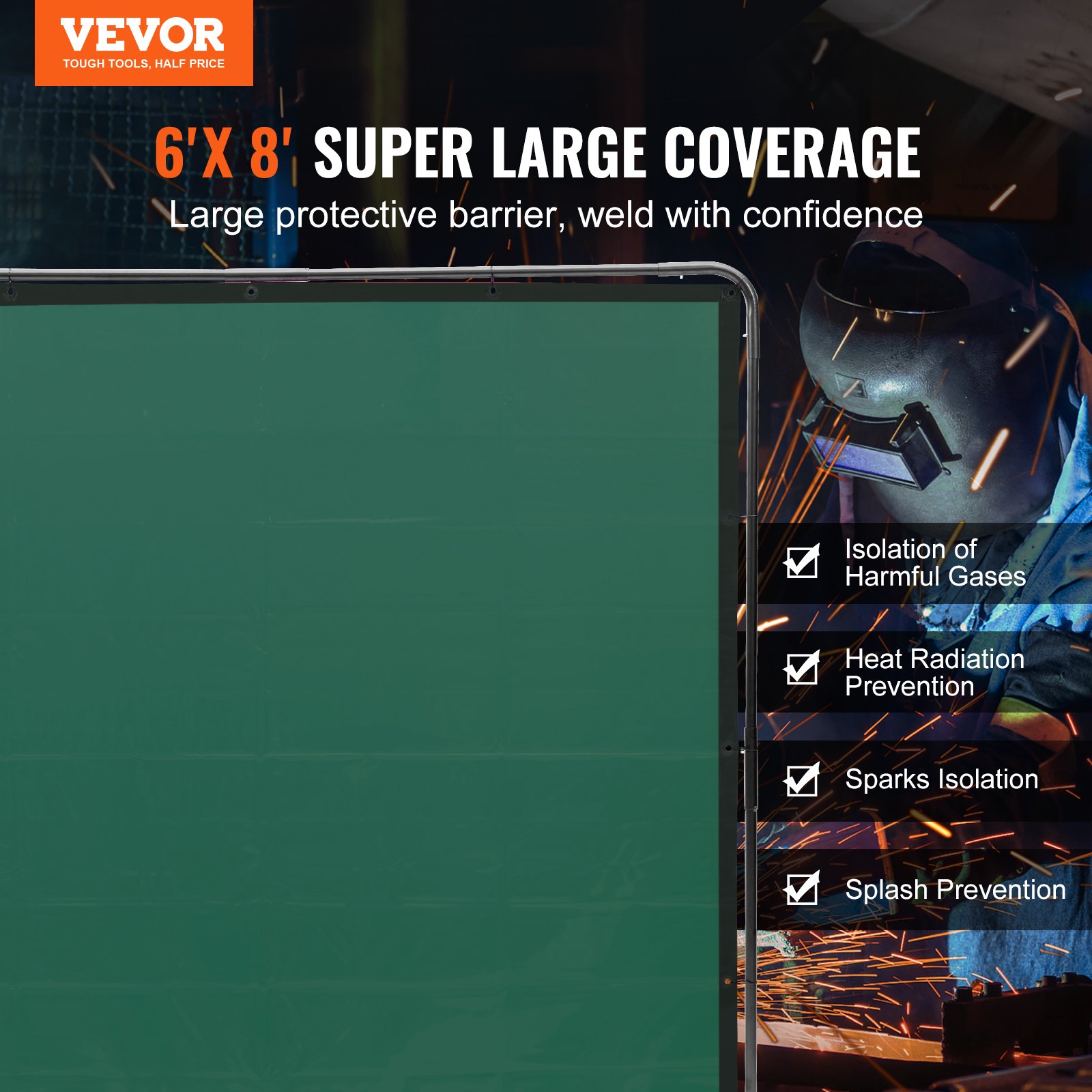 Osłona spawalnicza VEVOR 1,8 x 2,4 m, trudnopalna, winylowa, z 4 obrotowymi kółkami i 6-stopniową ochroną UV, koc spawalniczy, ochrona spawalnicza, kolor zielony