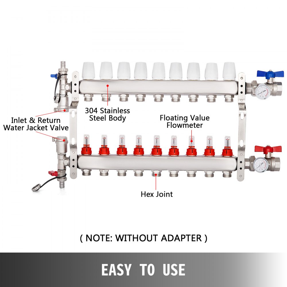 9 Loop PEX 1/2" Zestaw rozdzielacza ogrzewania podłogowego ze stali nierdzewnej