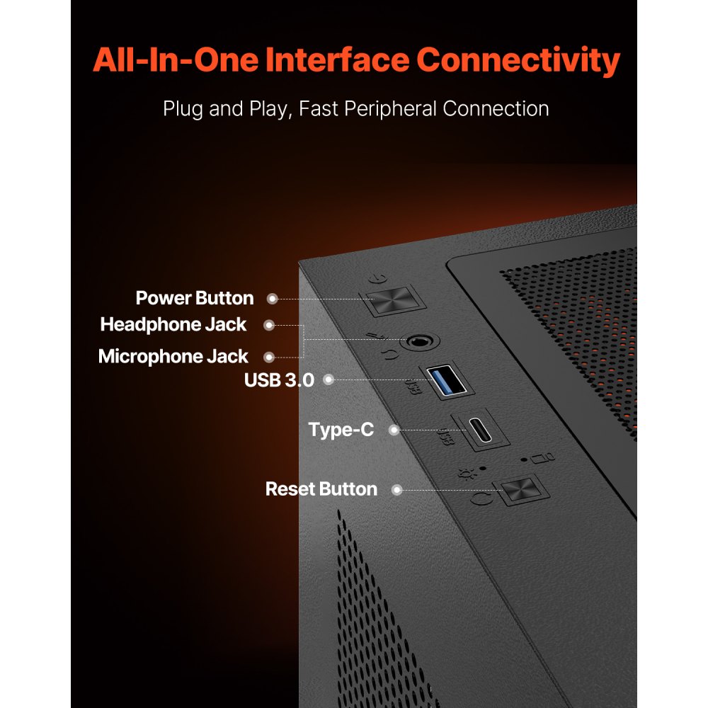 Obudowa gamingowa VEVOR PC, typu mid-tower, panel ze szkła hartowanego z wysokim przepływem powietrza, filtr przeciwkurzowy, 6 wentylatorów PWM ARGB 120 mm, zarządzanie kablami, do kart graficznych o długości do 410 mm, do ATX/M-ATX/ITX