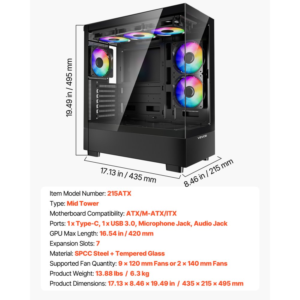 Obudowa gamingowa VEVOR PC, typu mid-tower, panel ze szkła hartowanego z wysokim przepływem powietrza, filtr przeciwkurzowy, 6 wentylatorów PWM ARGB 120 mm, zarządzanie kablami, do kart graficznych o długości do 410 mm, do ATX/M-ATX/ITX
