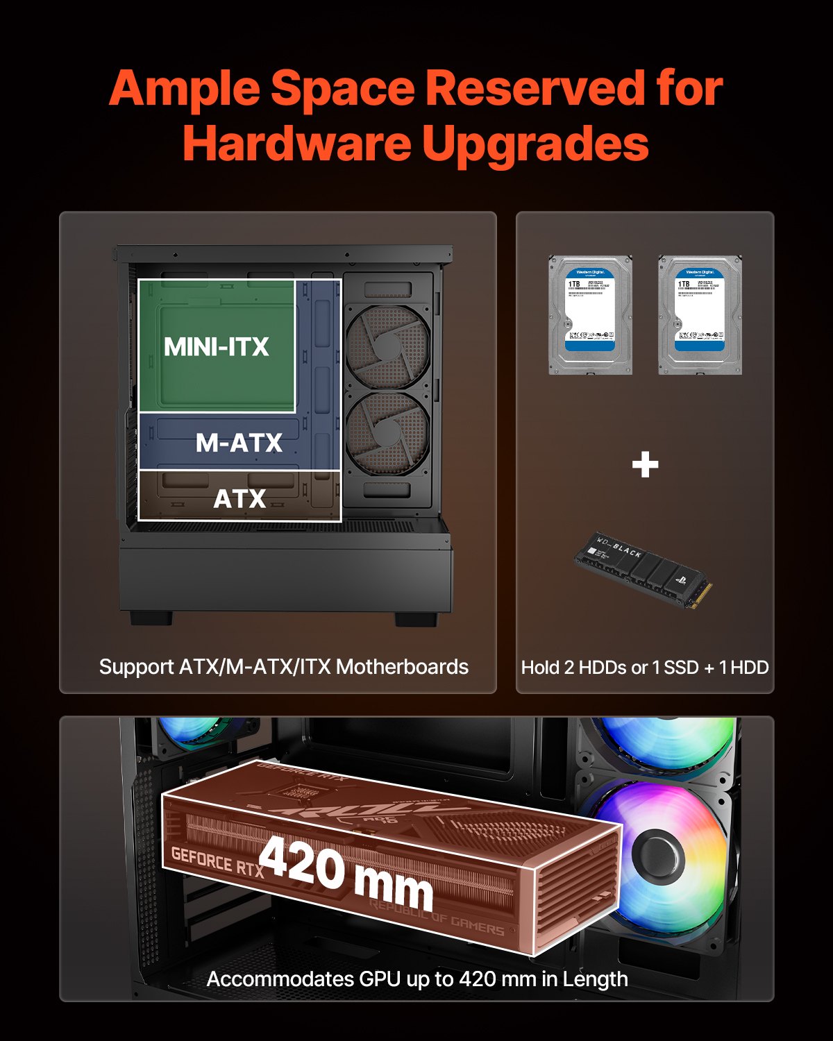 Obudowa gamingowa VEVOR PC, typu mid-tower, panel ze szkła hartowanego z wysokim przepływem powietrza, filtr przeciwkurzowy, 6 wentylatorów PWM ARGB 120 mm, zarządzanie kablami, do kart graficznych o długości do 410 mm, do ATX/M-ATX/ITX