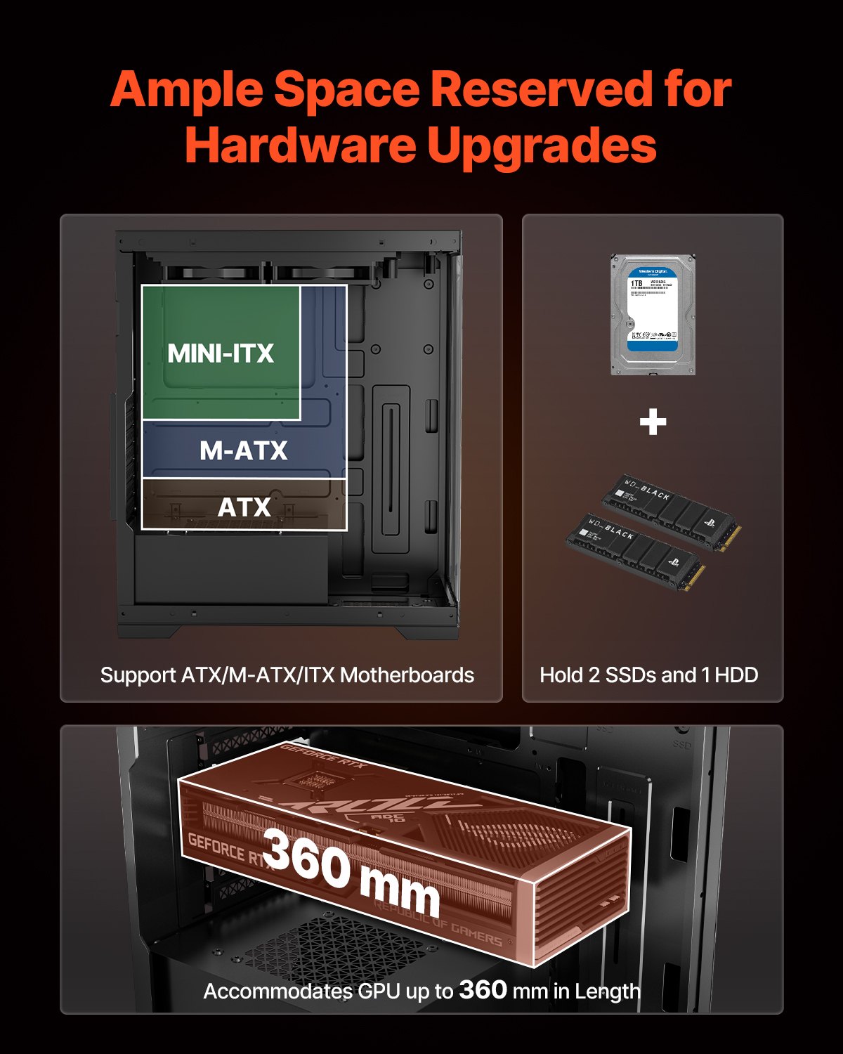Obudowa gamingowa VEVOR PC, średnia wieża, panel ze szkła hartowanego z wysokim przepływem powietrza, filtr przeciwkurzowy, 2 wentylatory 120 mm, zarządzanie kablami, do kart graficznych o długości do 360 mm, kompatybilna z ATX/M-ATX/ITX