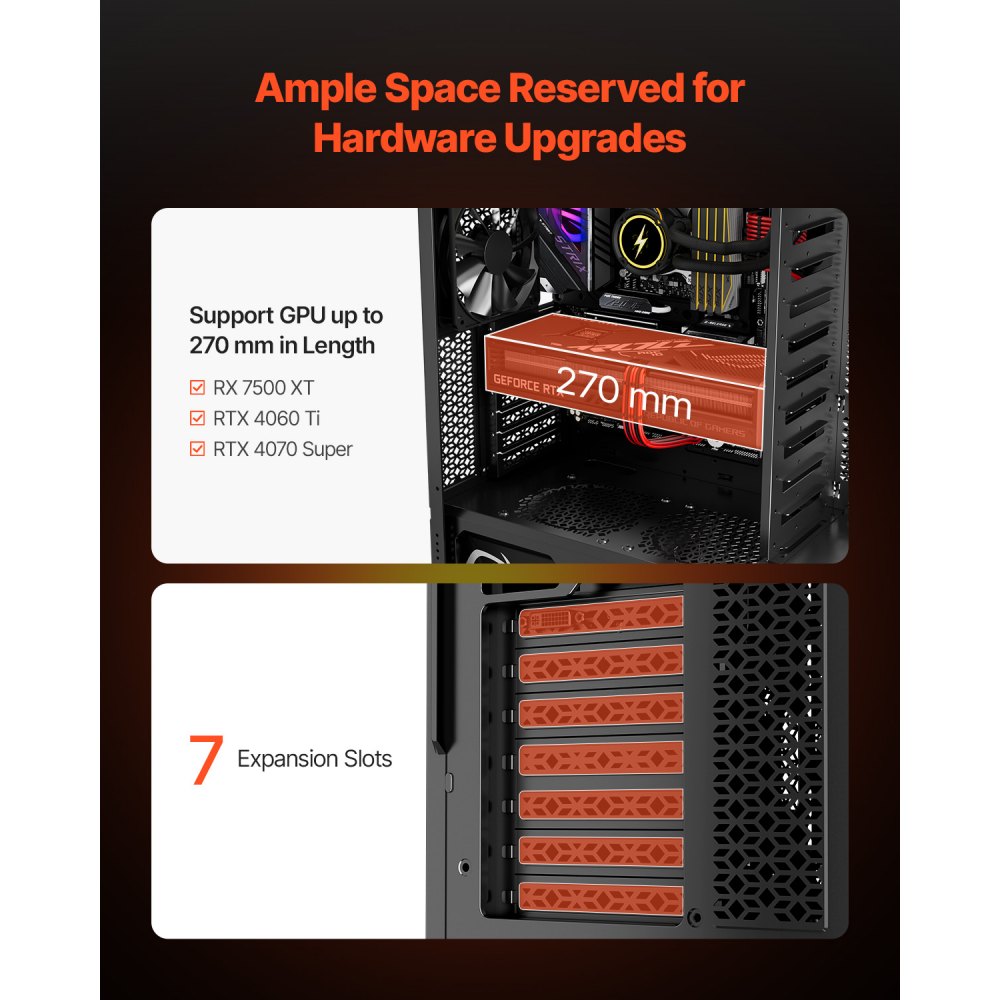 Obudowa gamingowa VEVOR Mid-Tower PC z panelem ze szkła hartowanego o wysokim przepływie powietrza, filtrem przeciwkurzowym, 4 wentylatorami 120 mm, systemem zarządzania kablami, do kart graficznych o długości do 270 mm, kompatybilna z ATX/M-ATX/ITX